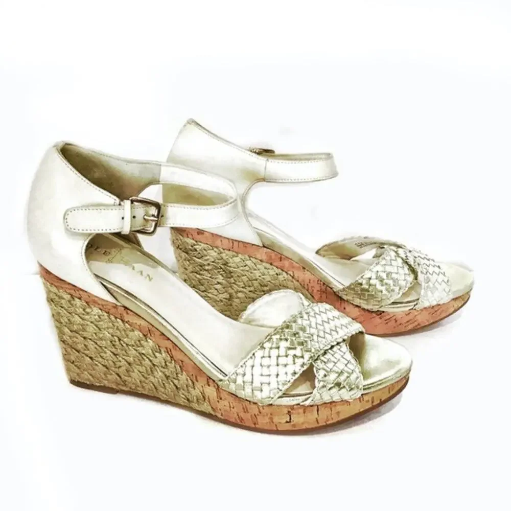 Cole Haan Wedge Sandals Nike Air Platform Silver Cream White Strappy Size 9.5